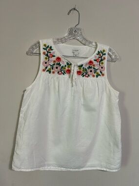 J. Crew White Linen Tank with Multicolor Floral Embroidery